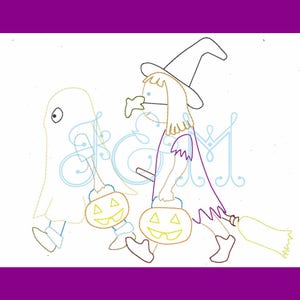 Trick or Treat Kids Halloween Quick Stitch Bean Stitch Outline  VIntage Style Machine Embroidery Design