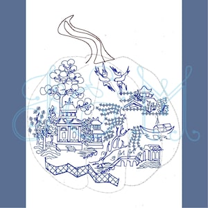 Blue Willow Chinoiserie Pumpkin Vintage Stitch Outline Machine Embroidery Design