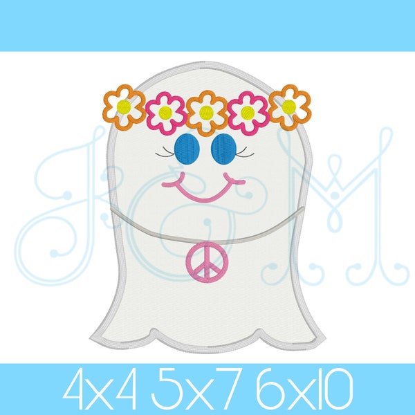 Hippie Girl Ghost with Flower Headband and Peace Sign Necklace Classic Satin Stitch Applique Vintage Style Machine Embroidery Design