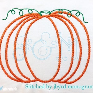 May include: Orange pumpkin with a green stem, outlined in orange thread. The pumpkin is stitched with three layers of orange thread.