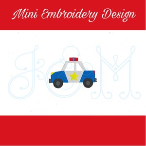 May include: Mini embroidery design featuring a blue and white police car with a yellow star and red light on top. The letters "JOM" are embroidered in a cursive font in light blue.