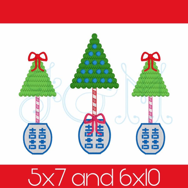 Christmas Tree Trio Topiary with Bow Trio Line of Three Chinoiserie Fill Stitch Vintage Style Machine Embroidery Design