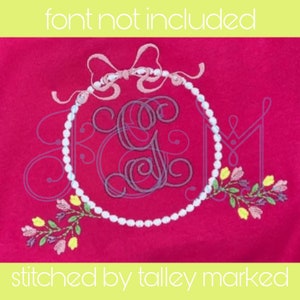 Tulip Floral Flower Heirloom Bow Pearl Dot Monogram Frame Satin Stitch Outline Vintage Style Machine Embroidery Design