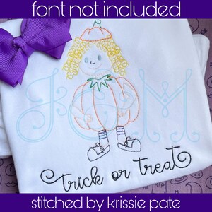 Curly Hair Pumpkin Costume Girl Trick or Treater with Sneakers Halloween Running Bean Stitch Outline Vintage Style Machine Embroidery Design