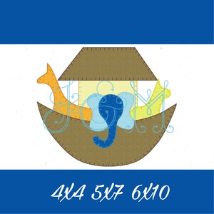 May include: A felt illustration of Noah's Ark with a giraffe, elephant, and a yellow animal. The ark is brown with a tan roof. The animals are orange, blue, and yellow. The text at the bottom reads "4x4 5x7 6x10".