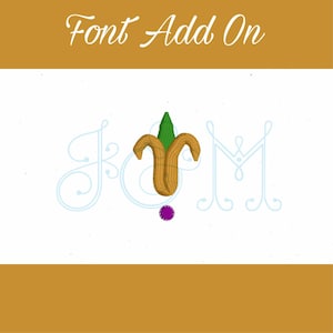 May include: A stylized embroidery design of the letters "J & M" with a green and yellow corn design in the center. The letters are in a light blue color and the corn is surrounded by a purple circle.