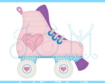 May include: A pink roller skate design with a heart applique. The skate has purple accents, blue eyelets, and white wheels with heart details. The text "4x4 5x7 6x10" is at the bottom.
