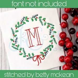 Christmas Holly Leaf and Berry with Ribbon Bow Quick Stitch Monogram Frame Wreath Vintage Style Machine Embroidery Design