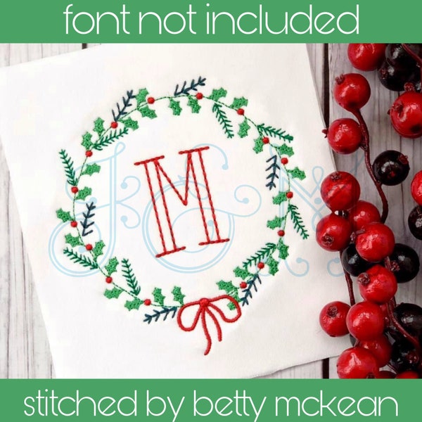 Christmas Holly Leaf and Berry with Ribbon Bow Quick Stitch Monogram Frame Frame Couronne Vintage Style Machine Embroidery Design Christmas Holly Leaf and Berry with Ribbon Bow Quick Stitch Monogram Frame Frame