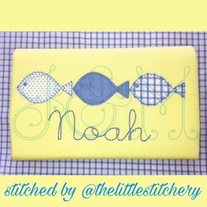 Einfach süß Fisch Trio Linie von drei Reihe Decke und Zick Zack Stich Applikation Vintage-Stil Maschine Stickerei-Design
