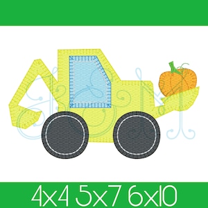 Fall Digger Construction Equipment with Pumpkin Halloween Blanket Stitch Applique Vintage Style Machine Embroidery Design