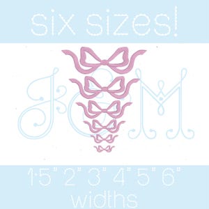 Puede incluir: Seis lazos rosas de diferentes tamaños, que van desde 3,8 cm hasta 15,2 cm de ancho. El texto "¡seis tamaños!" y "anchuras" se muestra debajo de los lazos.