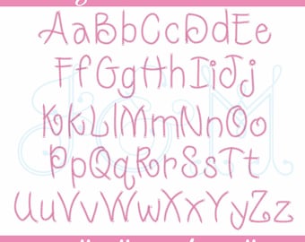 May include: Pink alphabet letters in a single chain stitch style. The letters are in uppercase and are 1.5 inches, 2 inches, and 2.5 inches tall.
