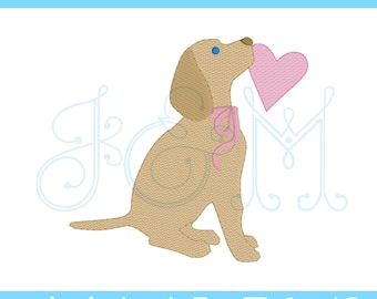 Girly Puppy with Bow and Heart in Mouth Valentine Sketch Fill Bean Stitch Outline Vintage Style Machine Embroidery Design