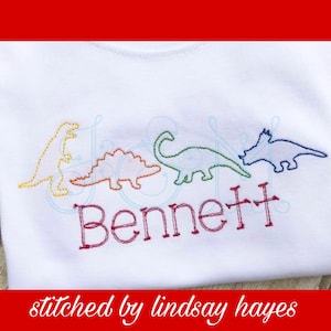 Dino Shadow Work Row of Four Line Sketch Fill Outline Vintage Style Machine Embroidery Design