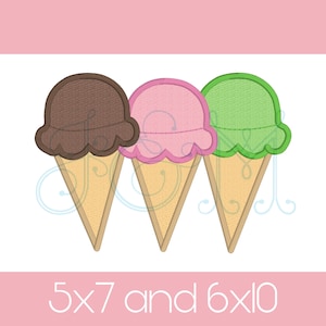 Ice Cream Cone Trio Bundle of Three Classic Satin Stitch Applique Vintage Style Machine Embroidery Design