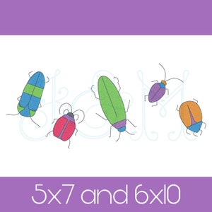 Beetle Bug Scatter Line of 5 in a Row Sketch Fill Bean Stitch Outline Vintage Style Machine Embroidery Design