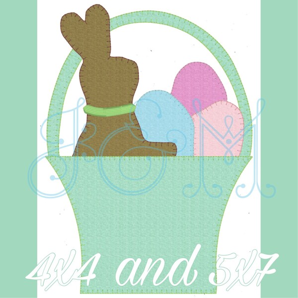 Easter Basket with Chocolate Bunny and Eggs Blanket Stitch Applique Vintage Style Machine Embroidery Design