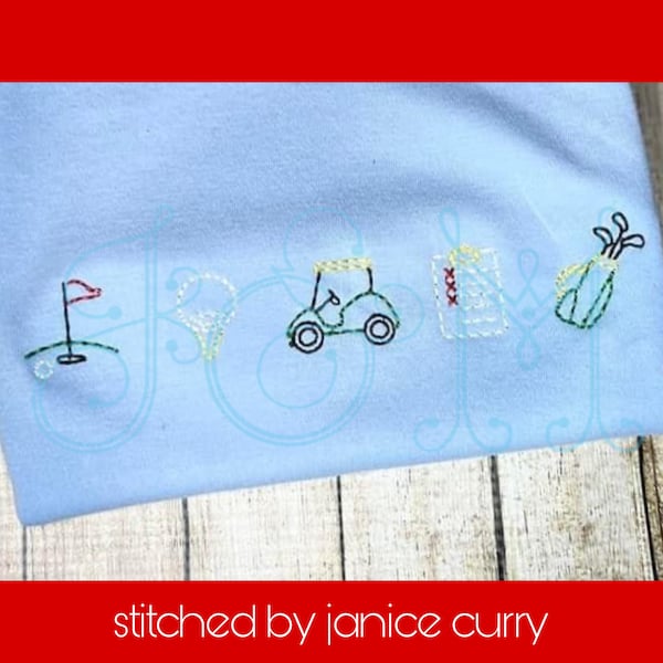 Golf Item Hand Drawn Doodle Line of Five in a Row Quick Running Bean Stitch Sketch Outline Vintage Style Machine Embroidery Design