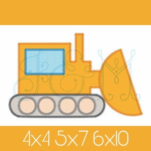 May include: A yellow bulldozer illustration with a blue window and gray tracks. The image includes the text "4x4 5x7 6x10". The design is suitable for embroidery or applique projects.