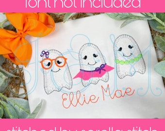 Girly Ghost Cutie Trio Line of Three Blanket Stitch Applique Vintage Style Machine Embroidery Design