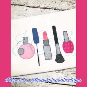 Make Up Cosmetics - Mascara Lipstick Perfume Line of Five Row Blanket Stitch Applique Vintage Style Machine Embroidery Design
