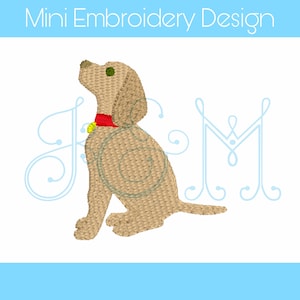 May include: Mini Embroidery Design image featuring a tan dog with a red collar and a yellow tag. The dog is sitting and looking upwards. The text "Mini Embroidery Design" is at the top in light blue.