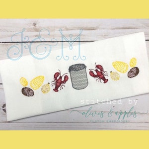 Crawfish Boil Lobster - Corn Potato - Line Border Row Sketch Fill and Bean Stitch Outline Vintage Style Machine Embroidery Design