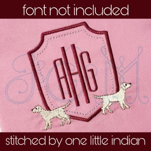 Simple Puppy Dog Lab Monogram Crest Frame Fill and Satin Stitch Vintage Style Machine Embroidery Design
