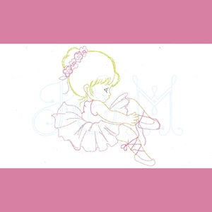 May include: A line drawing of a young girl wearing a ballerina costume and tying her pink ballet shoe. She has blonde hair with a flower crown and is wearing a pink leotard and a white tutu.