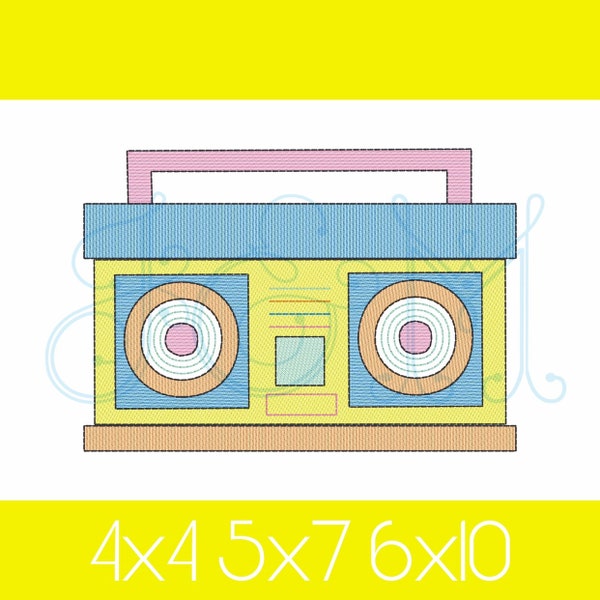 Retro Hip Hop Music Dance Boombox Sketch Fill Bean Stitch Outline Vintage Style Machine Embroidery Design