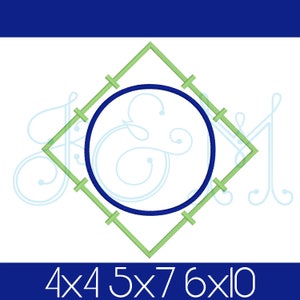 May include: A geometric design featuring a blue circle and a green diamond shape, with the text "4x4 5x7 6x10" at the bottom. The design is set against a white background with a blue border at the top.