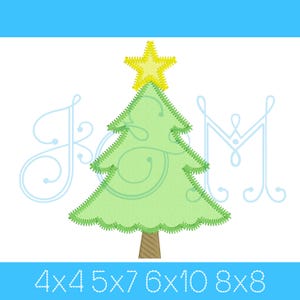 May include: A light green Christmas tree design with a yellow star on top. The tree has decorative swirls and a brown trunk. The image includes the text "4x4 5x7 6x10 8x8" in white, and the initials "JKM" in light blue.