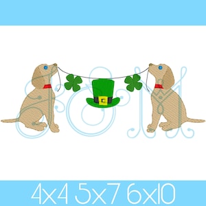 May include: Two brown dogs with red collars are pulling a green shamrock garland with a green leprechaun hat in the middle. The garland has green shamrocks on each end. The text 4x4 5x7 6x10 is at the bottom of the image.