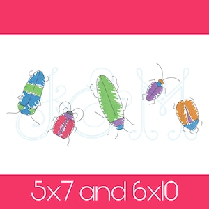 May include: Five colourful cartoon bugs with different patterns and colours. The bugs are arranged in a row on a white background. The text "5x7 and 6x10" is at the bottom of the image.