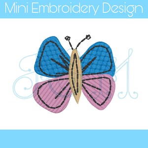 May include: A blue and pink butterfly embroidery design with a brown body and black outlines.
