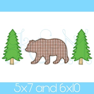 Ligne Ours et arbres Grand air Camping Silhouette Contour Zig Zag Stitch Applique vintage Style Machine Broderie Design