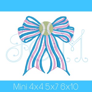 May include: A pink and blue striped bow with a white and green baseball in the center. The bow is a machine embroidery design available in sizes mini, 4x4, 5x7, 6x10.