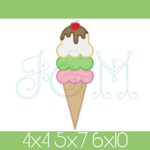 May include: A three-scoop ice cream cone with a cherry on top. The ice cream is pink, green, and white with chocolate sauce. The cone is brown and has a swirl pattern. The image includes the text "4x4 5x7 6x10".
