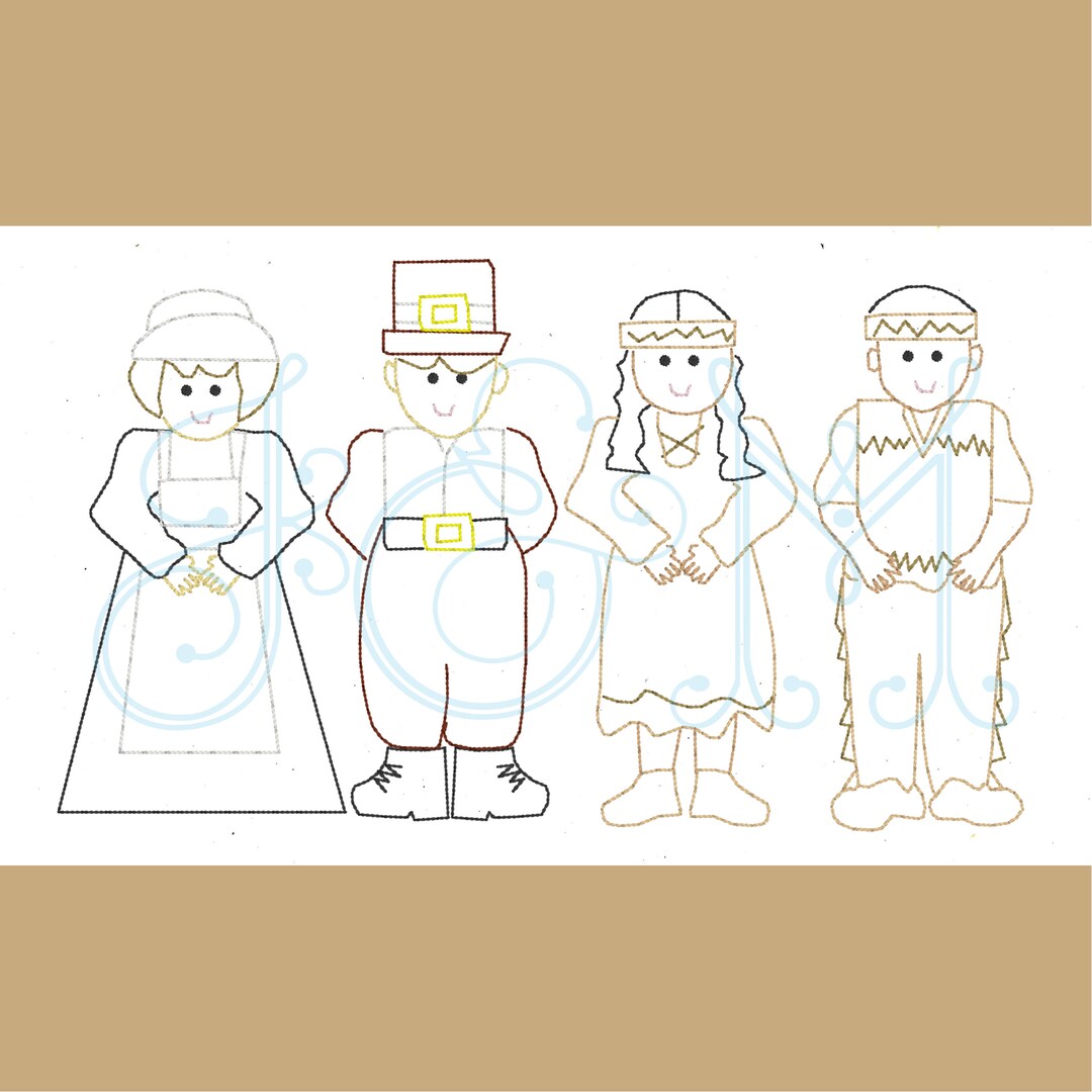 Thanksgiving Indian and Pilgrim Kids Vintage Stitch Sketch Outline ...