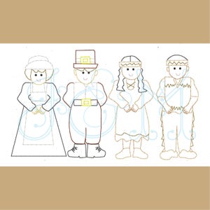 Thanksgiving Indian and Pilgrim Kids Vintage Stitch Sketch Outline Machine Embroidery Design