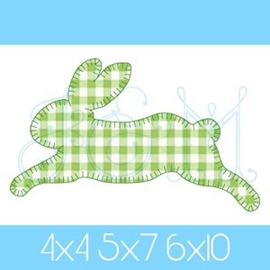 May include: Green and white gingham bunny applique with a stitched outline. The bunny is hopping and has a whimsical, handmade look. 4x4 5x7 6x10