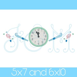 May include: Embroidered design of the word "BOOM" with a clock face showing midnight and party blowers. The design is in blue and green with pink and blue confetti.