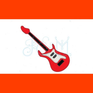 May include: A red electric guitar with black strings and a white pickguard. The guitar is on a white background with a red border.