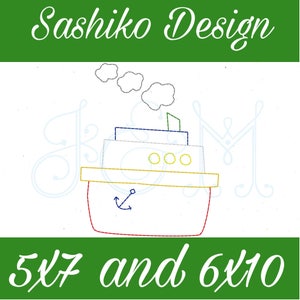 Tugboat Outline Sashiko Vintage Stitch Sketch Outline Vintage Style Machine Embroidery Design