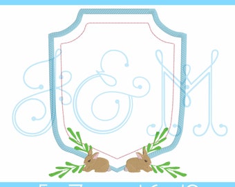 Easter Bunny Monogram Crest with Leaves Frame Border Satin Stitch and Fill Stitch Vintage Style Machine Embroidery Design