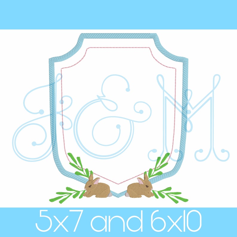 Easter Bunny Monogram Crest with Leaves Frame Border Satin Stitch and Fill Stitch Vintage Style Machine Embroidery Design image 1