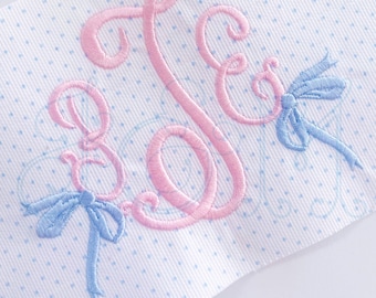 Side Heirloom Bow Ribbon Monogram Add on Motif Satin Stitch Vintage Style Machine Embroidery Design