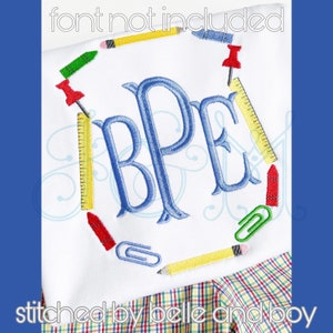 Back to School Supplies Monogram Frame Crest Shield Fill Stitch and Satin Stitch Vintage Style Machine Embroidery Design