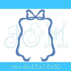 May include: Blue embroidery design of a frame with a bow on top. The frame is outlined in a wavy style. The text "mini 4x4 5x7 6x10" is below the frame.